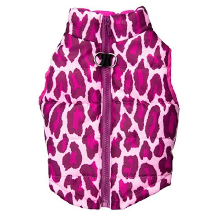 A cosy and stylish winter jacket for pets, featuring vibrant printed patterns and a snug, comfortable fit.