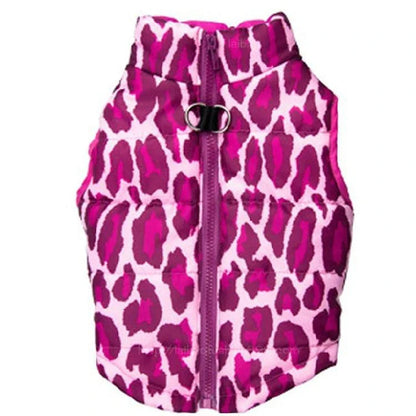 A cosy and stylish winter jacket for pets, featuring vibrant printed patterns and a snug, comfortable fit.