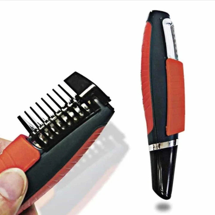 Cordless Multifunctional Hair Grooming Trimmer with four interchangeable trim heads, LED light, and durable ABS plastic and stainless steel construction