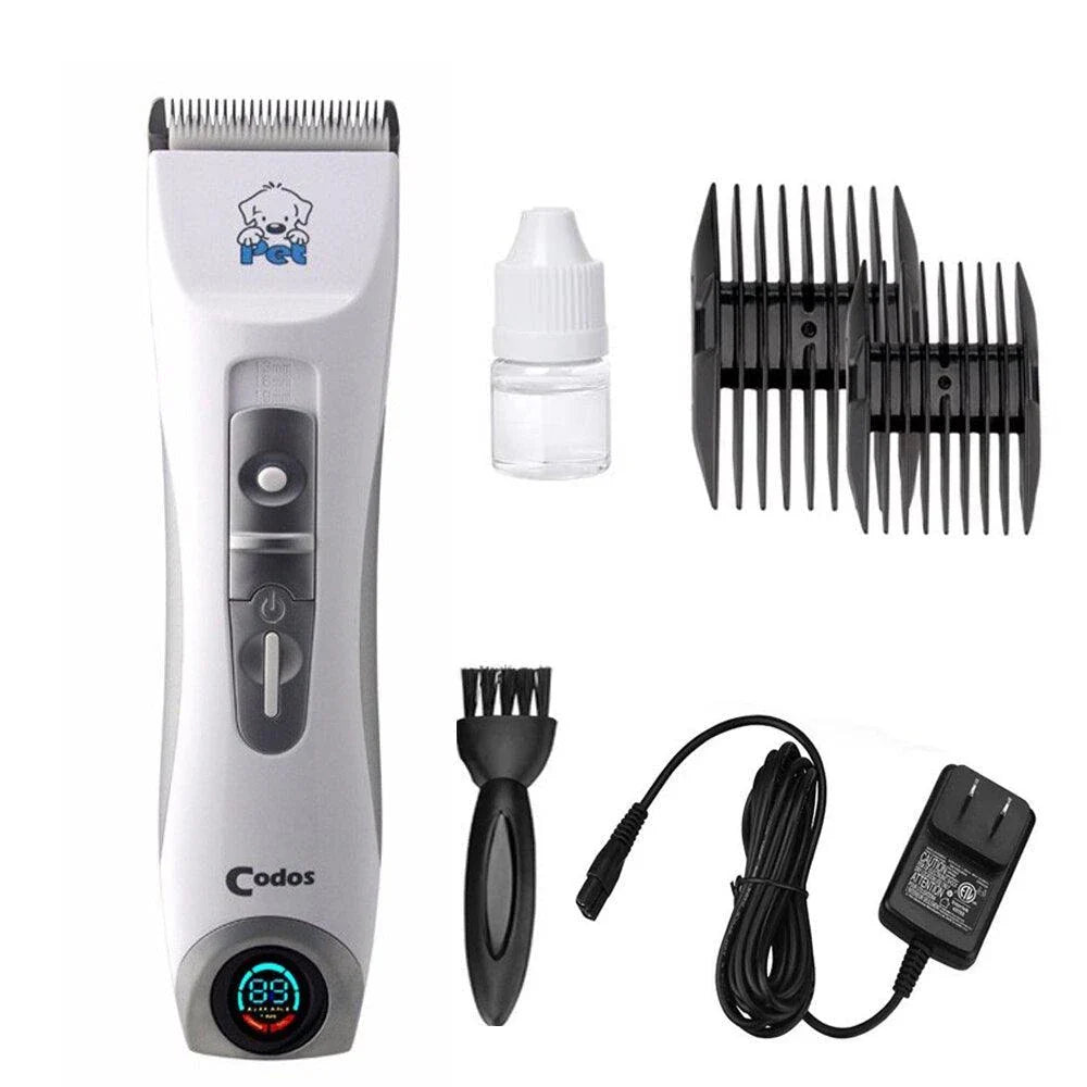 A modern, cordless electric dog grooming trimmer with an LCD display and multiple attachments for professional-quality pet grooming