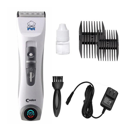 A modern, cordless electric dog grooming trimmer with an LCD display and multiple attachments for professional-quality pet grooming