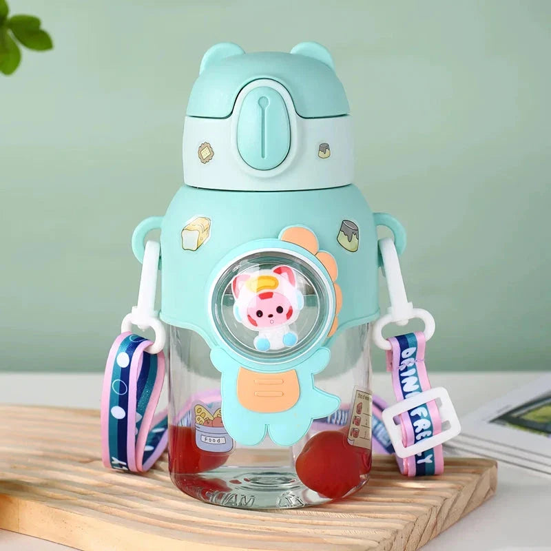 Colourful, durable Kids Cartoon Water Bottle with straw and carrying strap, designed for children's hydration needs