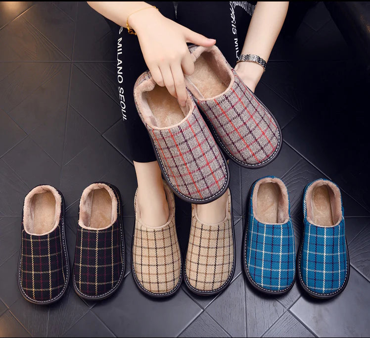 Stylish and cosy fabric cotton slippers with a platform sole in various colours
