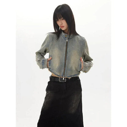 Retro Distressed Short Jacket with fur-trimmed sleeves, zipper closure, and chic O-neck design