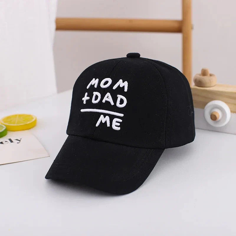 Adjustable cotton sun hat for kids with 'MOM+DAD=ME' embroidery, offering UV protection and breathable comfort