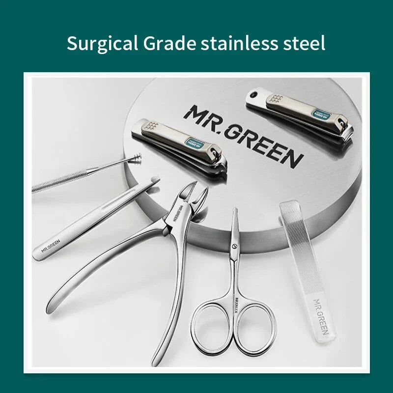 Sophisticated stainless steel manicure set with vibrant colour accents and compact travel case