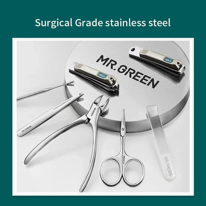 Sophisticated stainless steel manicure set with vibrant colour accents and compact travel case