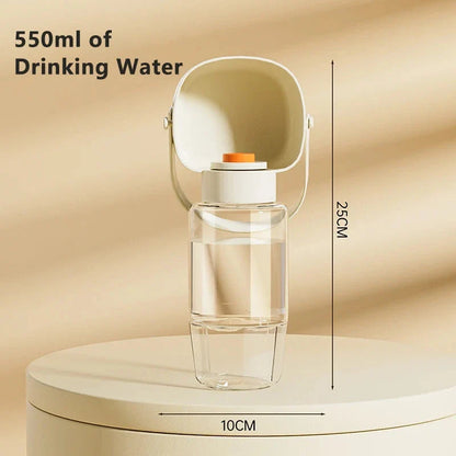 Portable pet water bottle and feeder with separate compartments for water and food, designed for easy hydration and feeding during outdoor adventures.
