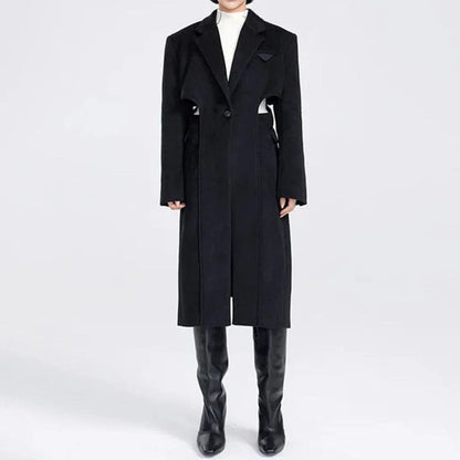 Elegant autumn-winter woollen overcoat with waist cut-out design, turn-down collar, and single-button closure