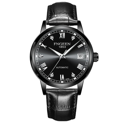 Premium automatic mechanical watch with leather strap, featuring a stainless steel case, luminous hands and markers, and a stylish British-inspired design