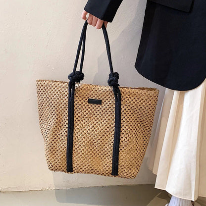 Premium large capacity woven straw beach tote in beige colour with stylish knitted pattern