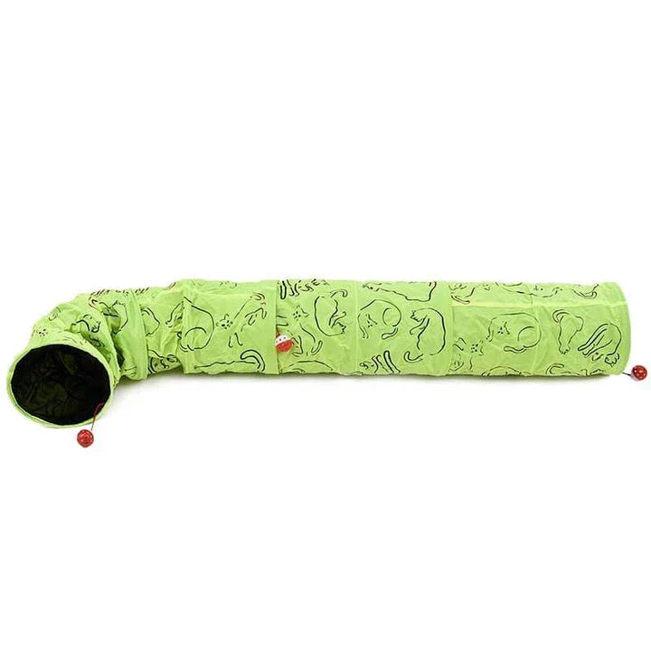 Green nylon cat tunnels with soft cloth material, designed to stimulate a cat's natural curiosity and provide hours of enrichment and entertainment.