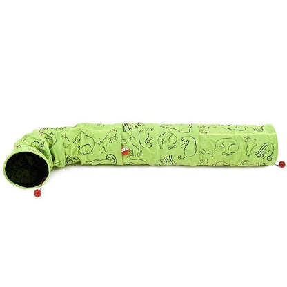 Green nylon cat tunnels with soft cloth material, designed to stimulate a cat's natural curiosity and provide hours of enrichment and entertainment.