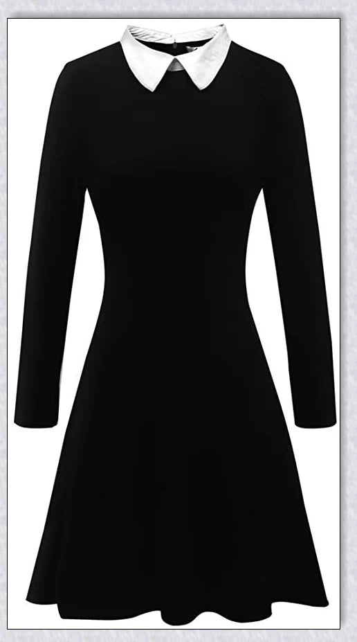 Elegant long-sleeved Peter Pan collar dress in multiple colours, perfect for Halloween or casual wear