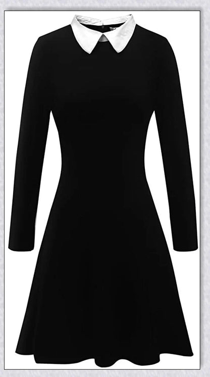 Elegant long-sleeved Peter Pan collar dress in multiple colours, perfect for Halloween or casual wear