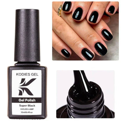 Super Black Gel Nail Polish with a deep, high-gloss finish that lasts up to 25 days