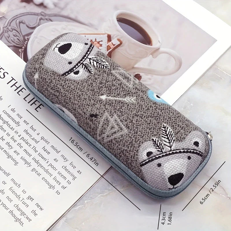 Cartoon-themed zippered eyeglass case in pink colour, featuring a playful and protective design for children's eyewear