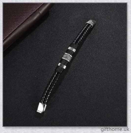 Premium black braided leather and stainless steel men's bracelet with adjustable sizing for a comfortable, custom fit