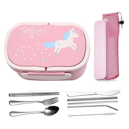 Cartoon unicorn-patterned lunch boxes with insulated lining and cutlery set, perfect for British professionals and families