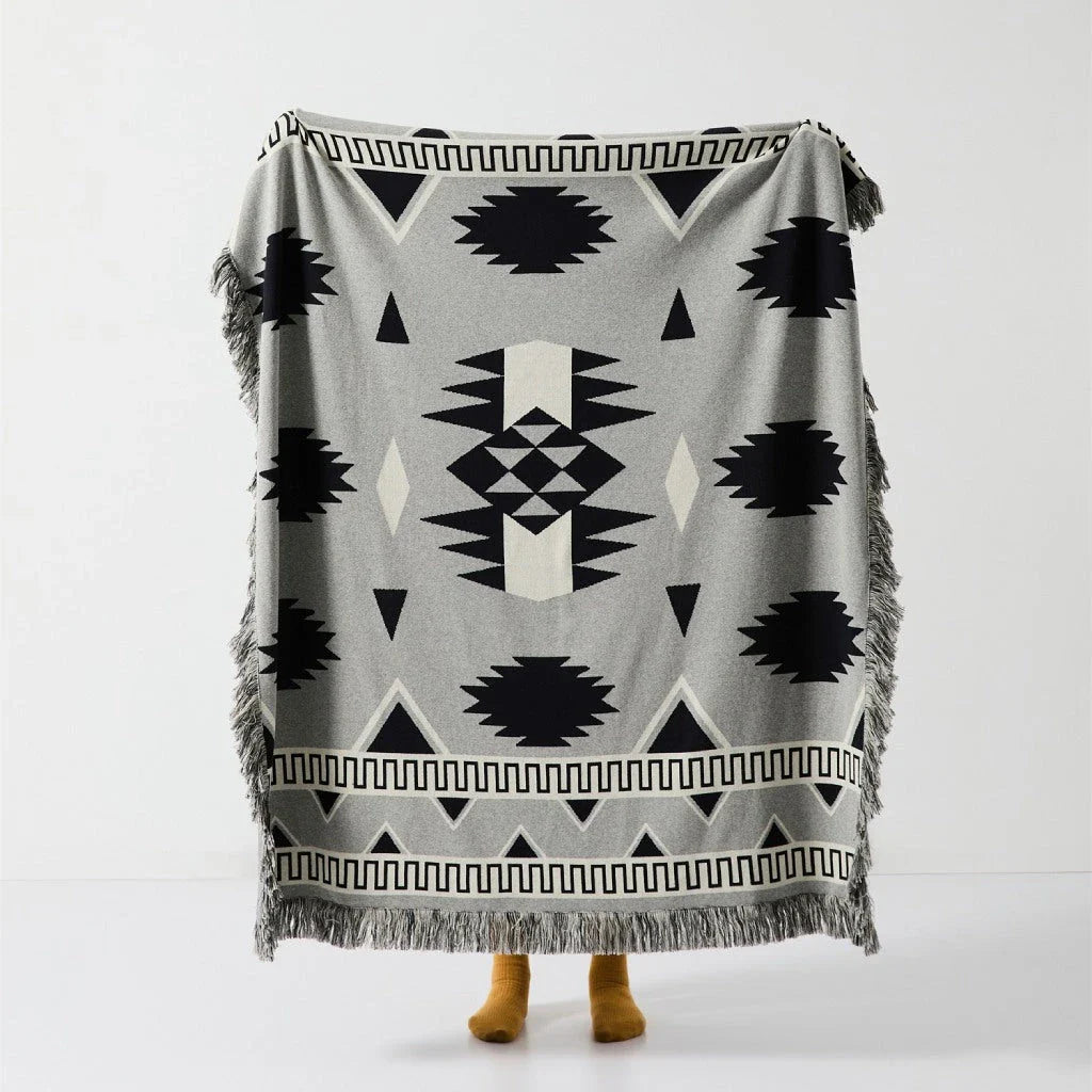 Elegant Bohemian Geometric Pattern Blanket made from premium cotton with luxurious fringes, available in various colours