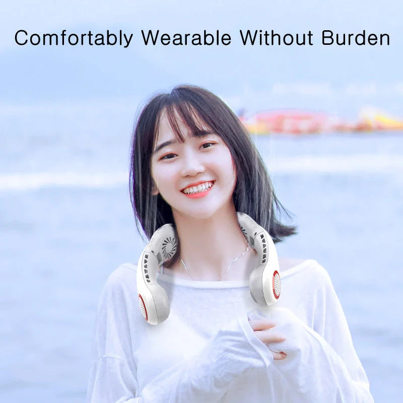 Portable Foldable Hanging Neck Fan with four powerful motors for high-velocity wind flow and long-lasting battery
