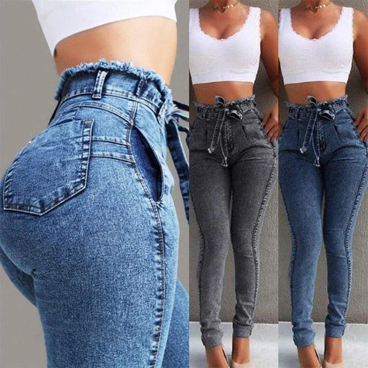 Premium fringed denim jeans in grey, dark blue, and light blue colours