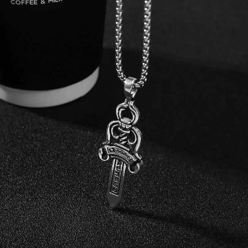 Men's Vintage Cross Sword Punk Pendant Necklace made of premium titanium steel with a sleek silver finish and elegant design