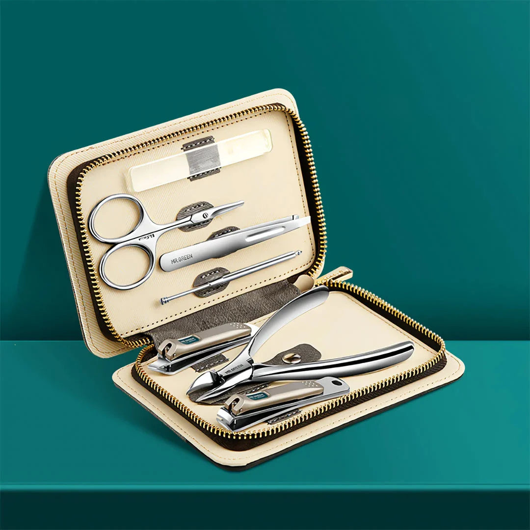 Sophisticated stainless steel manicure set with vibrant colour accents and compact travel case