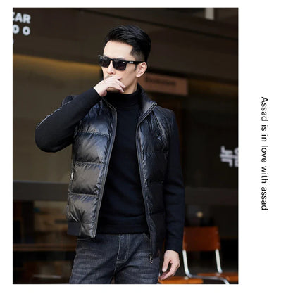 Warm and weatherproof men's down jacket with stand collar and knitted sleeves, made from premium polyester fibre and filled with luxurious duck down