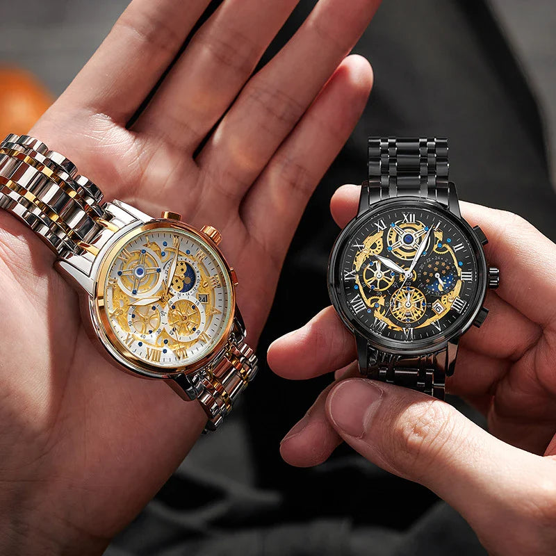 Elegant quartz watch with moonphase display, calendar function, and luminous hands for enhanced visibility