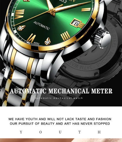 Premium automatic mechanical watch with leather strap, featuring a stainless steel case, luminous hands and markers, and a stylish British-inspired design