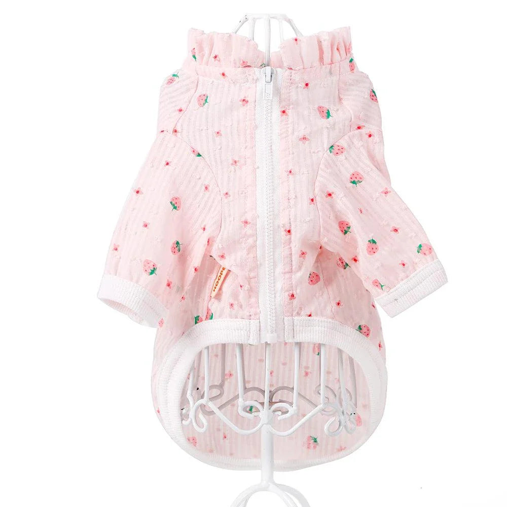 Stylish pink cat clothing with strawberry print design and sunscreen protection for pets