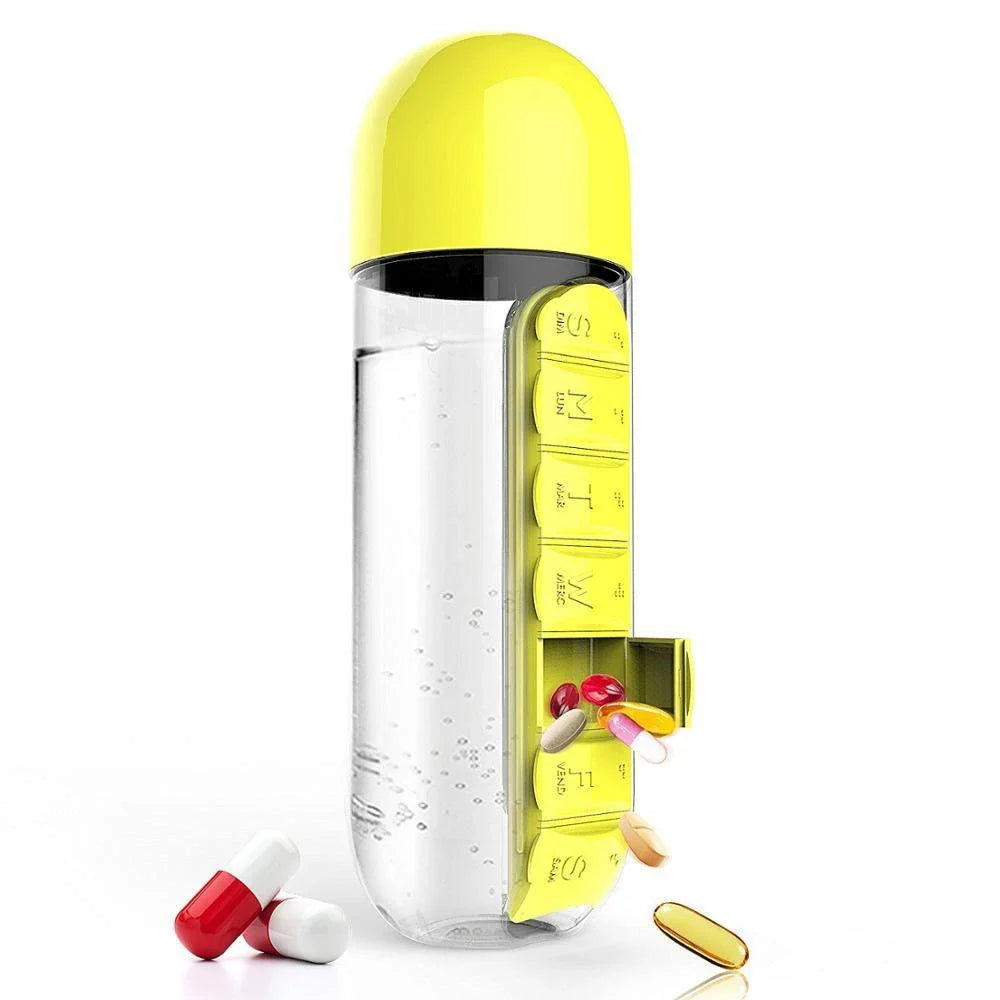 600ml Premium Plastic Water Bottle with Daily Pill Organiser - Durable, Leak-Proof Design with Integrated Supplement Storage