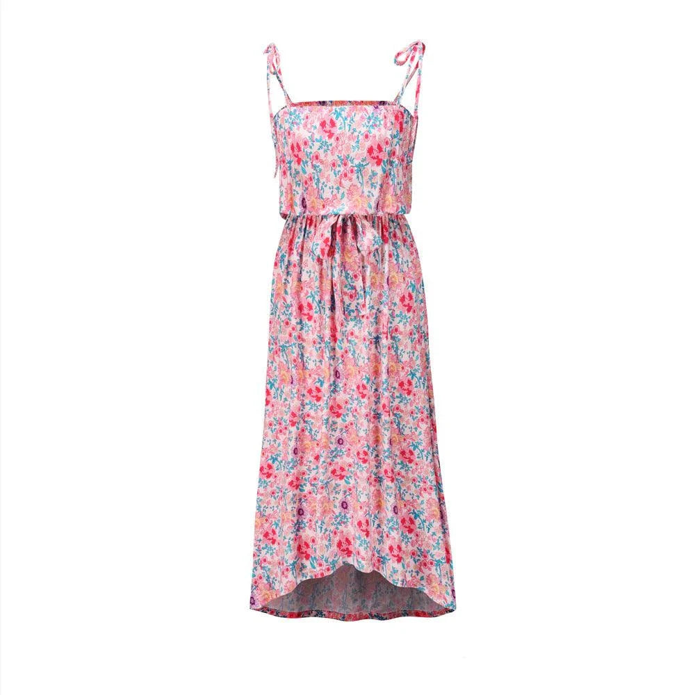 A premium printed camisole dress in a vibrant red colour, featuring a flattering mid-length skirt and high-waist design for a sophisticated, feminine look.