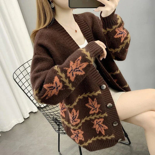 Women's Maple Leaf Knitted Cardigan in Light Coffee Colour with Loose, Relaxed Fit and Long Sleeves