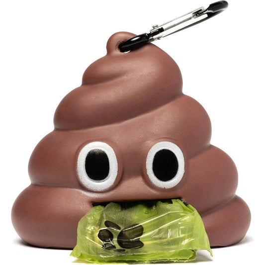 A brown leash-attached poop bag dispenser with a metal carabiner clip, designed for convenient pet waste management during outdoor activities.