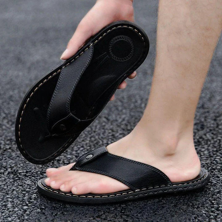 Durable and comfortable men's leather sandals in black, blue, and brown colours for casual wear