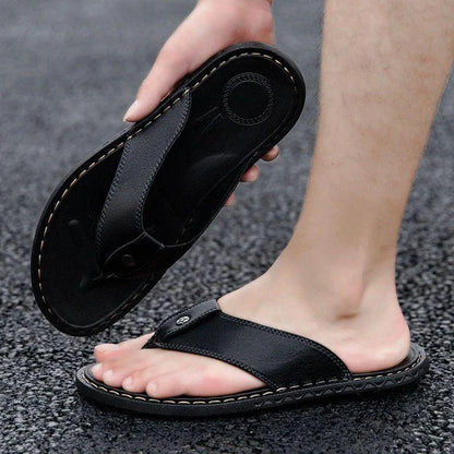 Durable and comfortable men's leather sandals in black, blue, and brown colours for casual wear