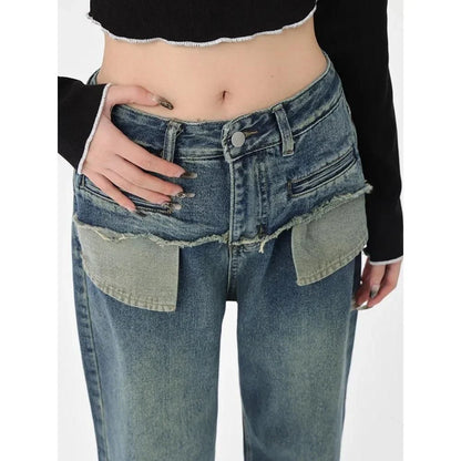 Stylish vintage-inspired high-rise straight-leg women's jeans in a distressed plaid design