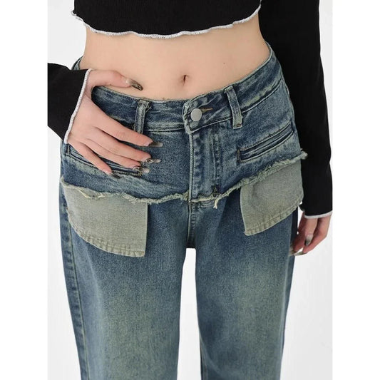 Stylish vintage-inspired high-rise straight-leg women's jeans in a distressed plaid design