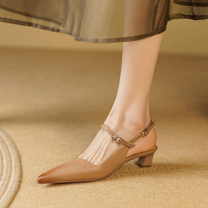 Elegant women's high heel sandals made from genuine leather with a stylish square heel and buckle strap closure