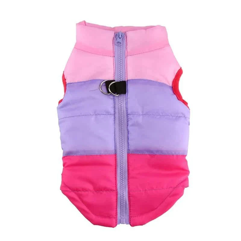 A cosy and stylish winter jacket for pets, featuring vibrant printed patterns and a snug, comfortable fit.