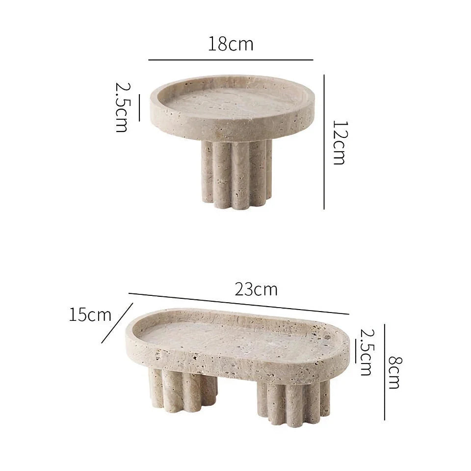 Elegant natural travertine marble serving tray with wooden legs, showcasing unique patterns and a smooth, hand-polished surface for serving, organising, and displaying.