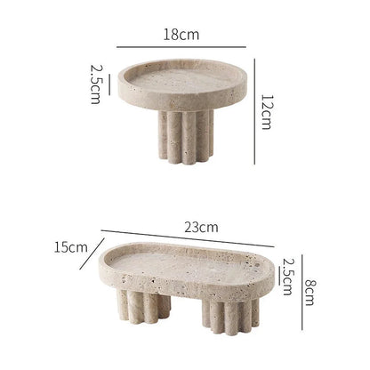 Elegant natural travertine marble serving tray with wooden legs, showcasing unique patterns and a smooth, hand-polished surface for serving, organising, and displaying.