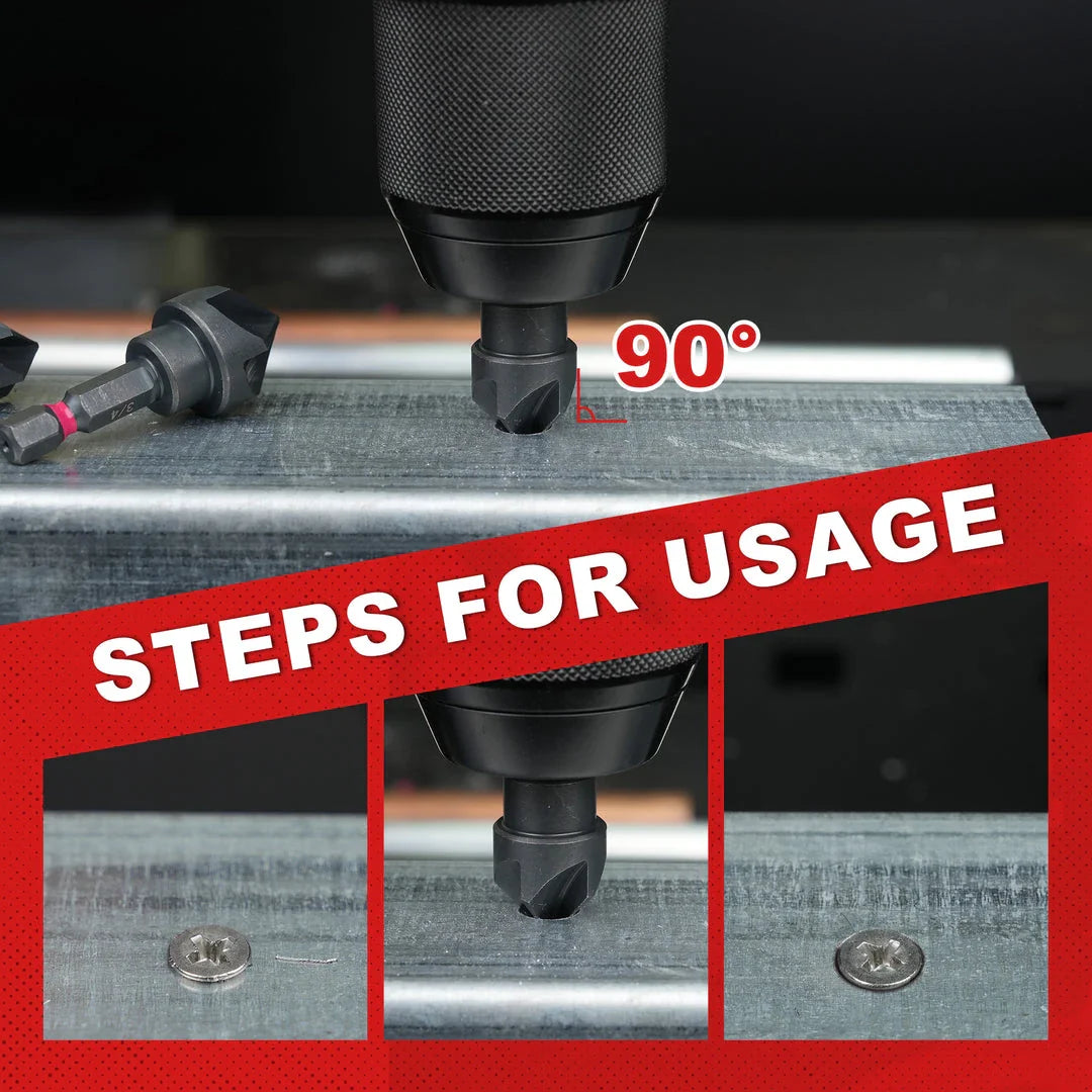 5-piece high-speed steel countersink drill bit set in black and red, featuring 1/4" to 3/4" bit sizes and a 1/4" hex shank for power tool compatibility