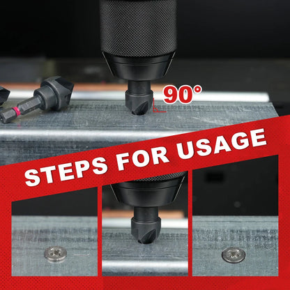 5-piece high-speed steel countersink drill bit set in black and red, featuring 1/4" to 3/4" bit sizes and a 1/4" hex shank for power tool compatibility