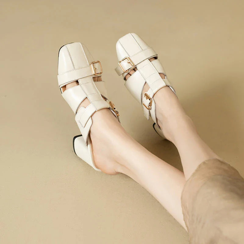 Exquisite embroidered leather high heel slippers in khaki colour, showcasing intricate detailing and a stable square heel design for stylish summer wear