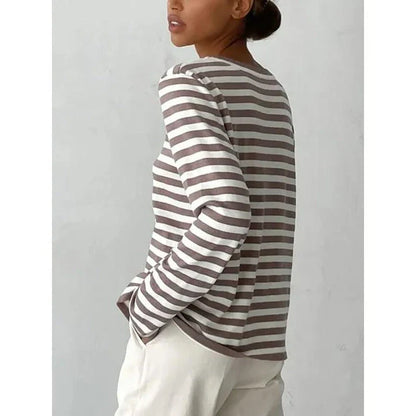 Autumnal knitted stripe jumper in a casual, relaxed style suitable for women during the autumn and winter seasons