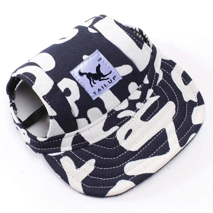 A stylish canvas pet cap with vibrant animal-themed prints, designed for comfort and fashion-forward canine companions.