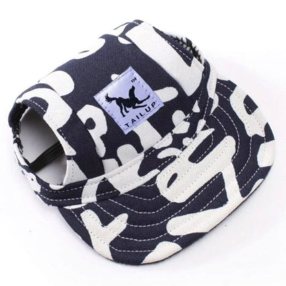 A stylish canvas pet cap with vibrant animal-themed prints, designed for comfort and fashion-forward canine companions.